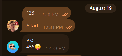 Сообщение из VK приходит в Telegram, ответ уходит обратно